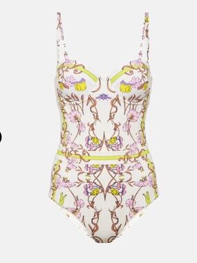 Tory Burch White Floral-Print One-Piece with Pink and Yellow Accents